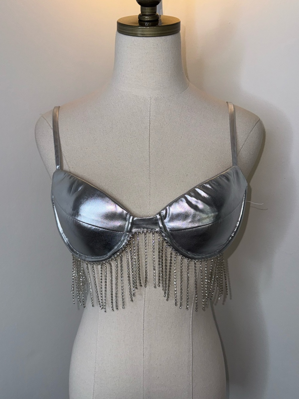 THATSSOFETCH Women’s 4 Silver Galactic Metallic Fringe Rhinestoned Bra Crop Top